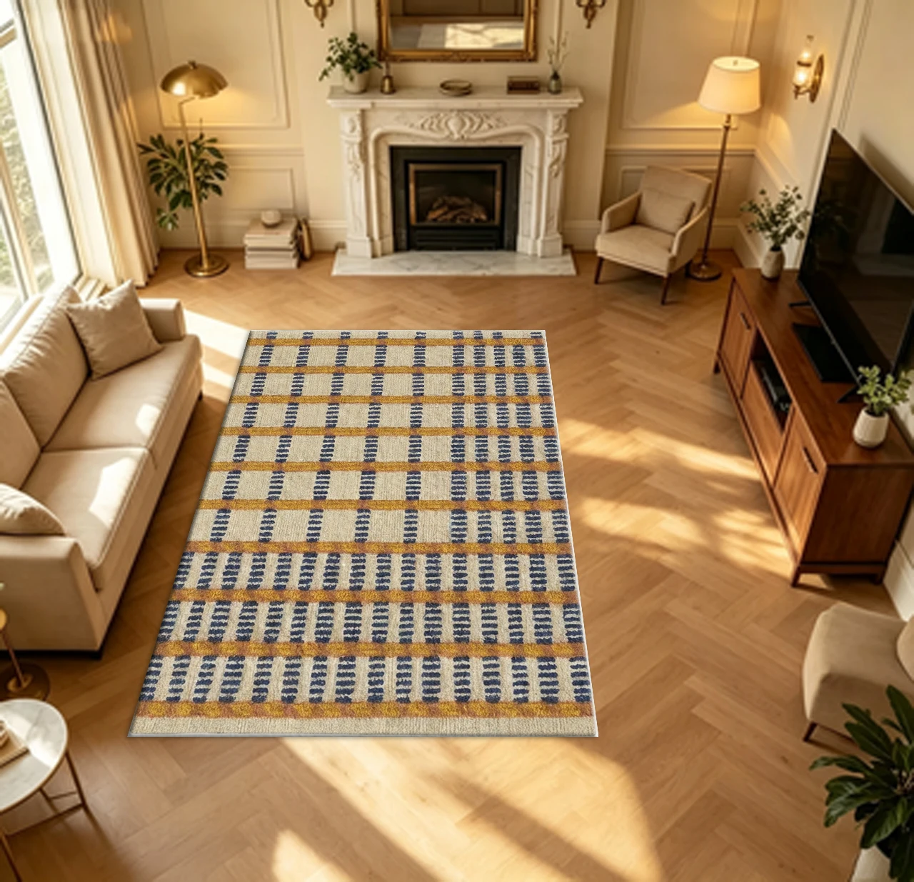 Beige Yellow Navy Vintage Grid Check Carpet Flooring Bohemian Woven Texture Large Area Rug for Living Room