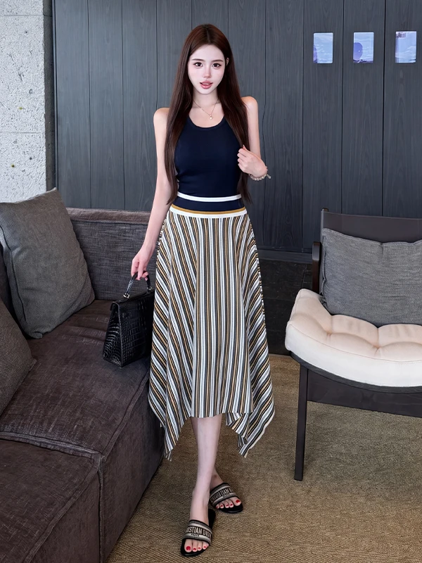 

Summer New Style Women's Knitted Sleeveless Set Waist-Cinched Striped Asymmetrical Midi Skirt Two-Piece Casual Fashion Ensemble