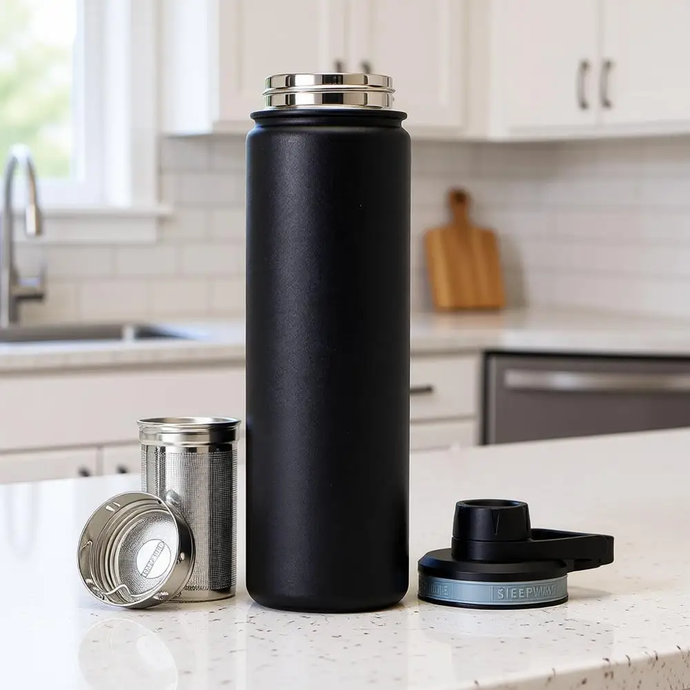 

Бутылка для чая 22 унции с заварочным фильтром для листового чая или холодного кофе, термос с двойными стенками и изоляцией для путешествий - черная