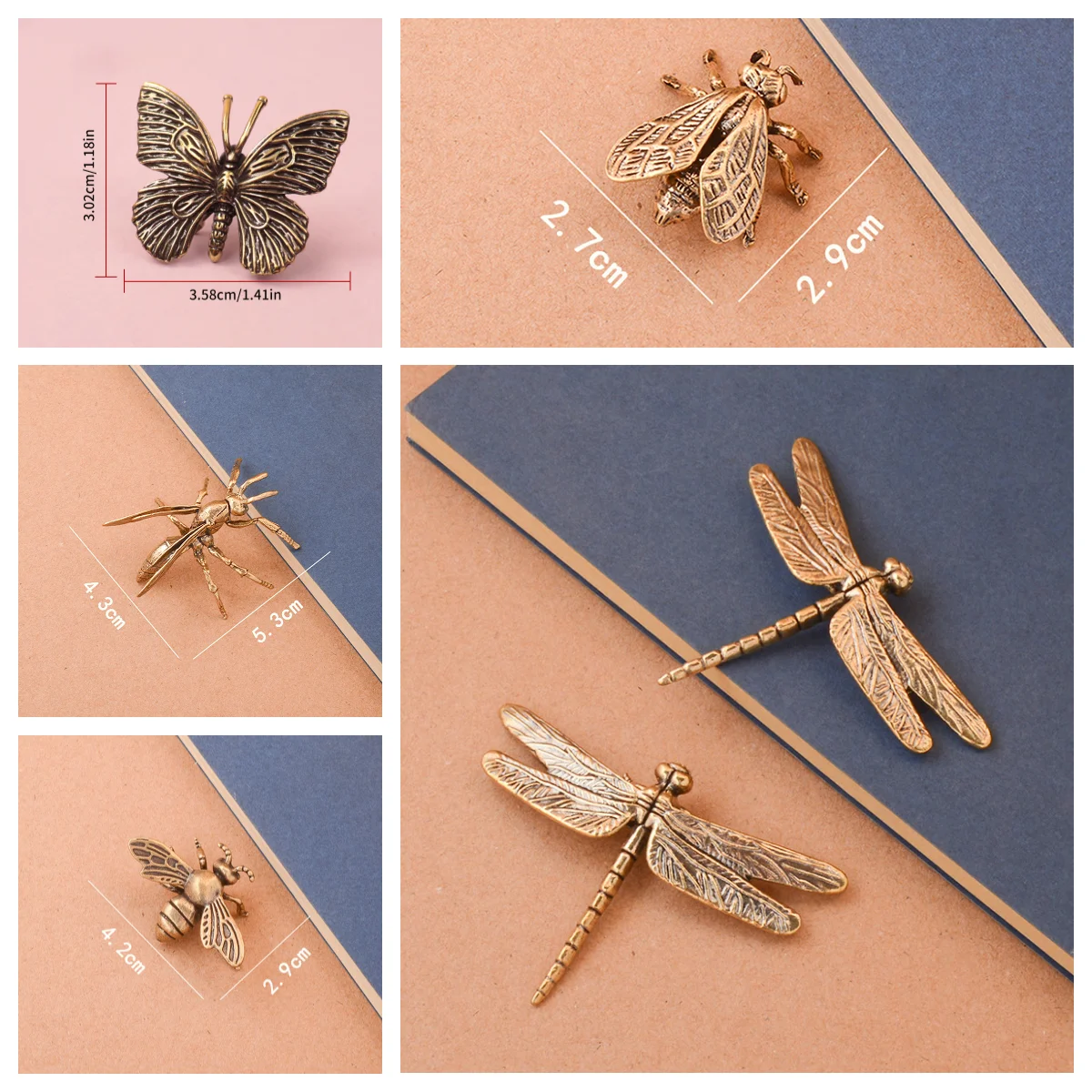 Miniatures Tea Pet Funny Beetle Craft Desktop Ornament Home Decoratio Solid Brass Simulation Insect Honeybee/Dragonfly Figurines