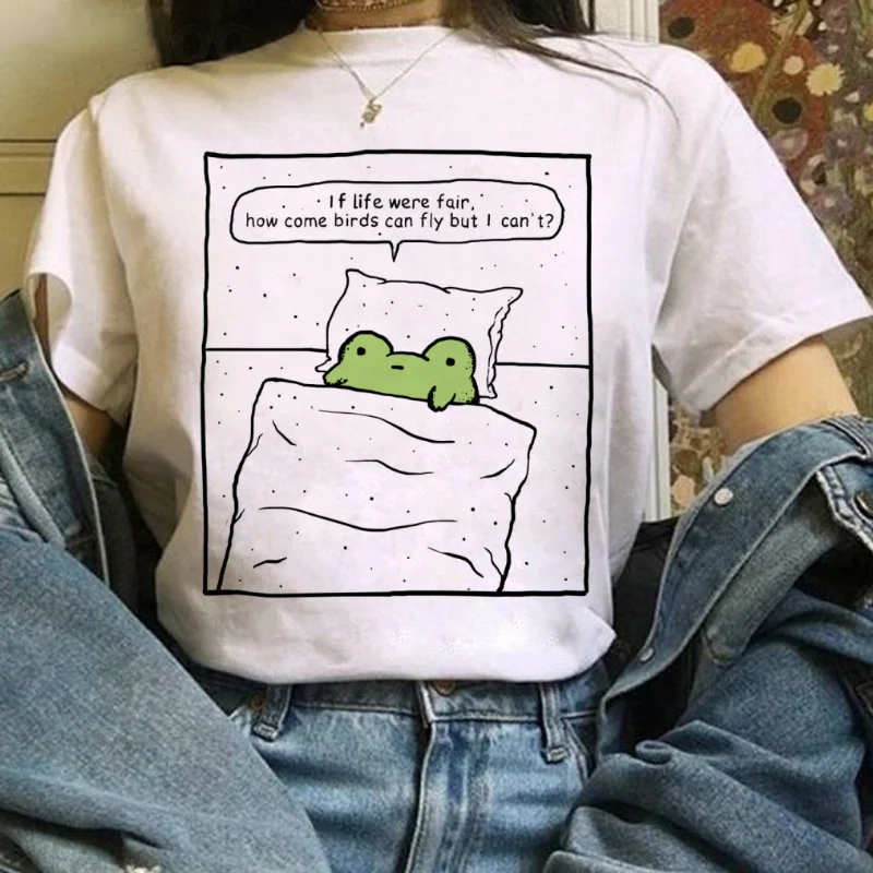 T-Shirt Print Casual Simple Women's Cartoon Cute Frog Pattern O-Neck Women's Regular Printed Top Summer Trend White T-Shirt