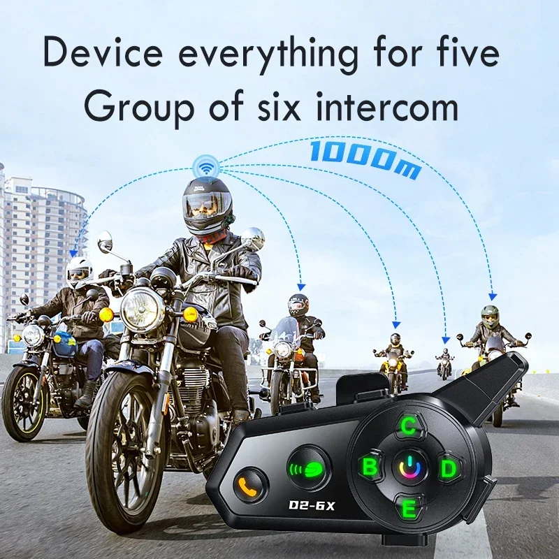 D2-6X Bluetooth5.3 Motorcycle Helmet Intercom Headset 1000M Wireless Interphone Communicator for 6 Riders Music Share Waterproof