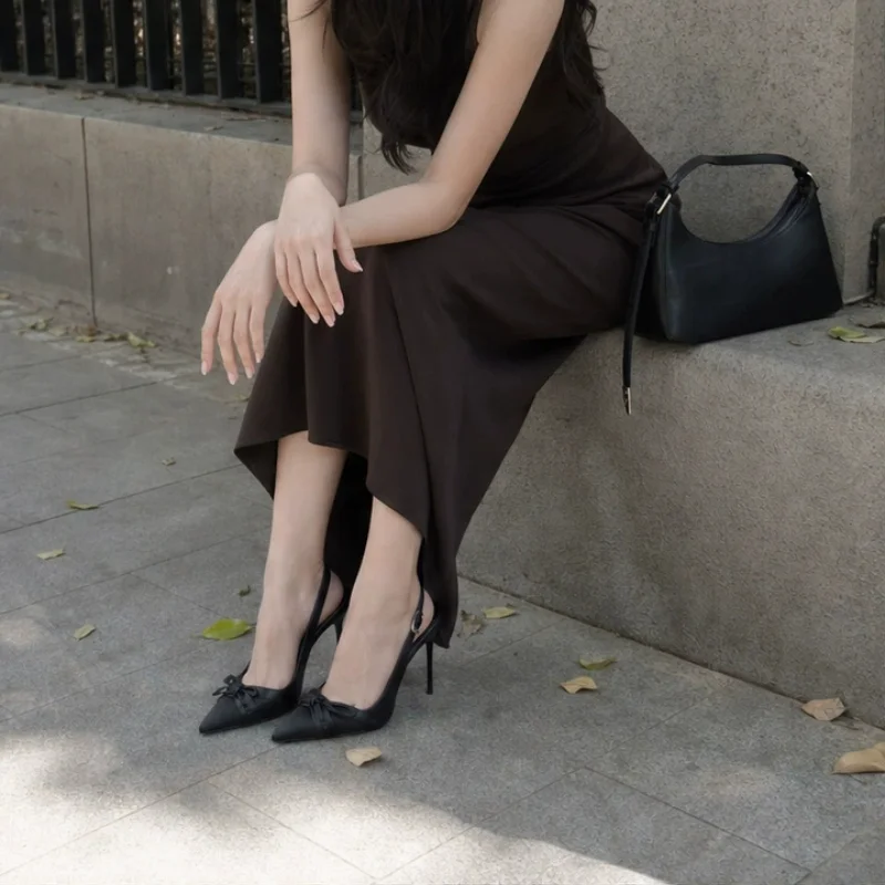 New single line apricot silk pointed small bow high-heeled shoes with thin heels, women's feet are not tired, single shoes