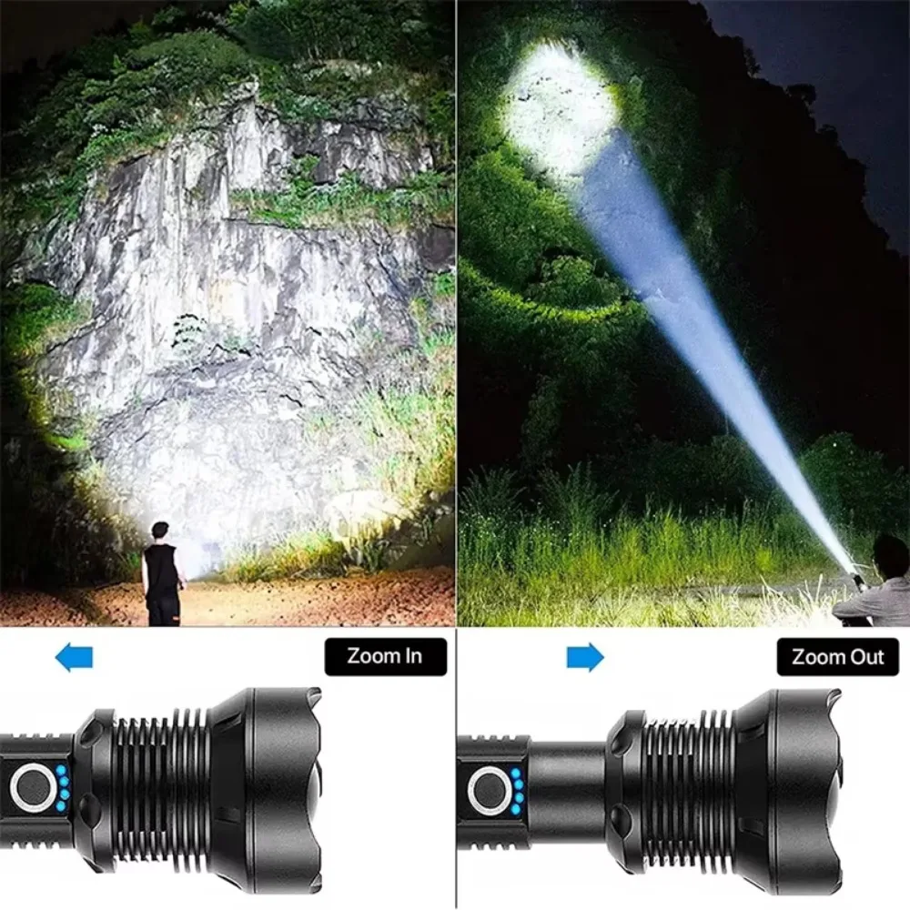 Super Bright Rechargeable XHP70/XHP50 LED Flashlight Zoomable Waterproof Tactical Torch 3 Modes Powerful for Camping Hiking