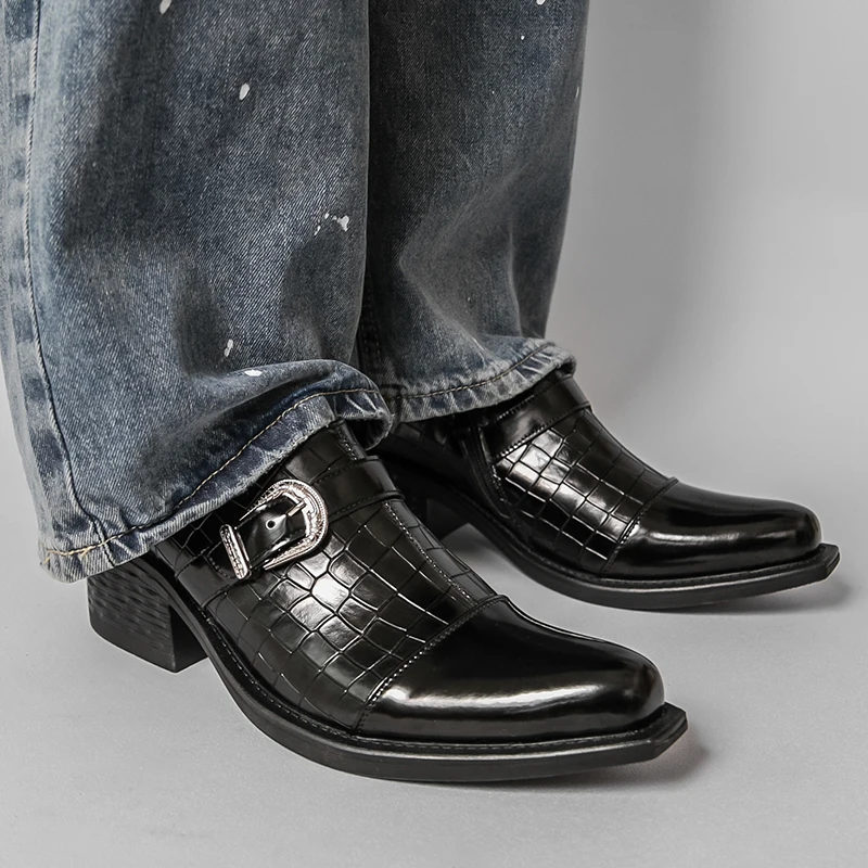 Classic Black Pointed Side Zipper Comfortable Banquet Block Leather Shoes Korean Version Height Increasing Popular Leather Shoes