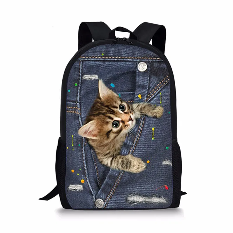 Black Denim Pocket Cat Student School Bag Kitten Printed Backpack Teenager Daily Casual Backpack Women Men Travel Rucksacks