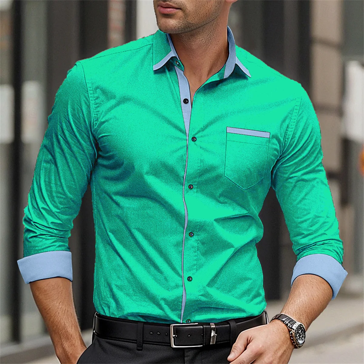 Men\'s Long Sleeved Printed Lapel Shirt, Business Casual Pocket, Comfortable Fabric Top, Plus Size, New, 9 Colors