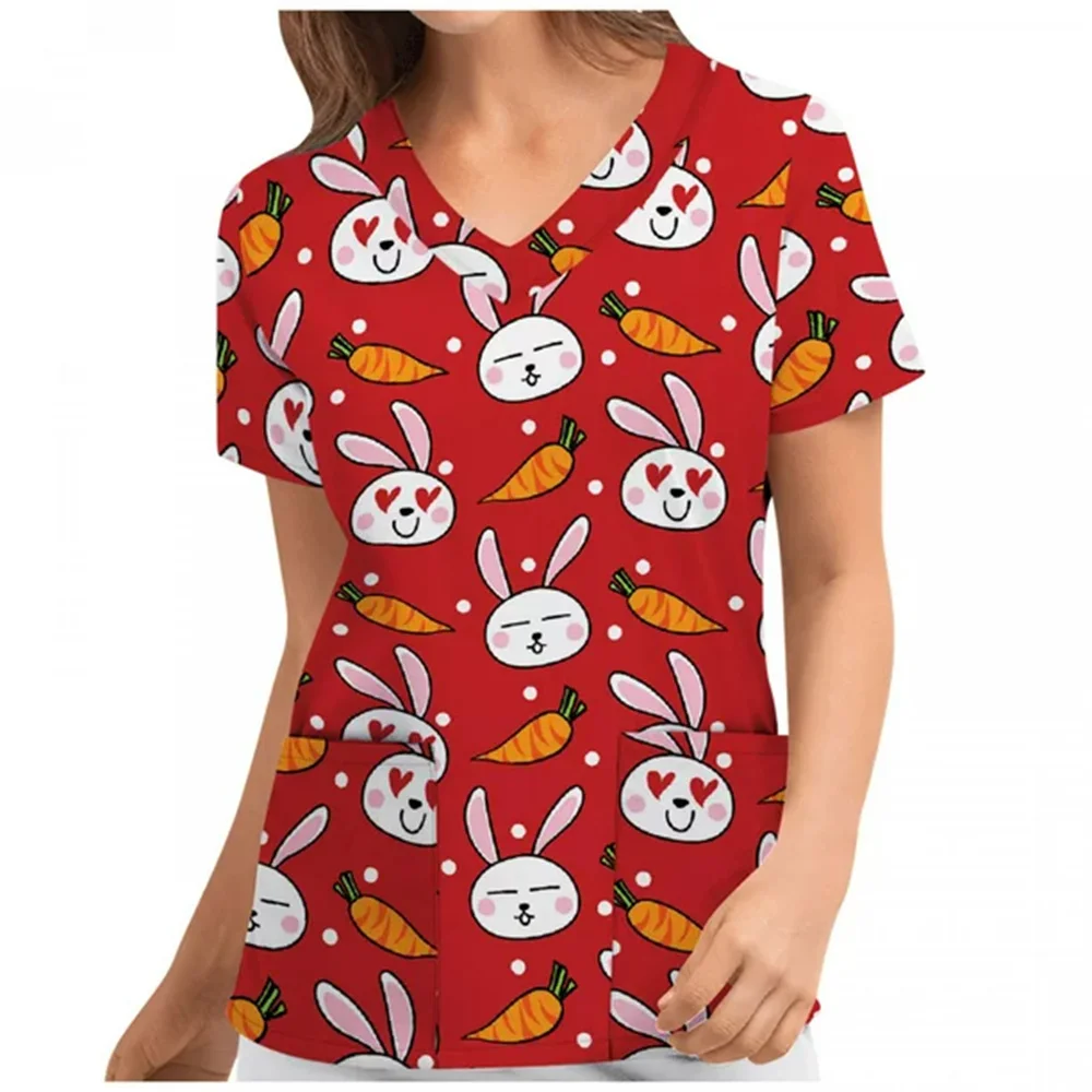 Clinical Uniform Woman Cute Bunny Print Summer Women's Medical Scrub V Neck Short Sleeve Top Dental Veterinary Medical Uniforms