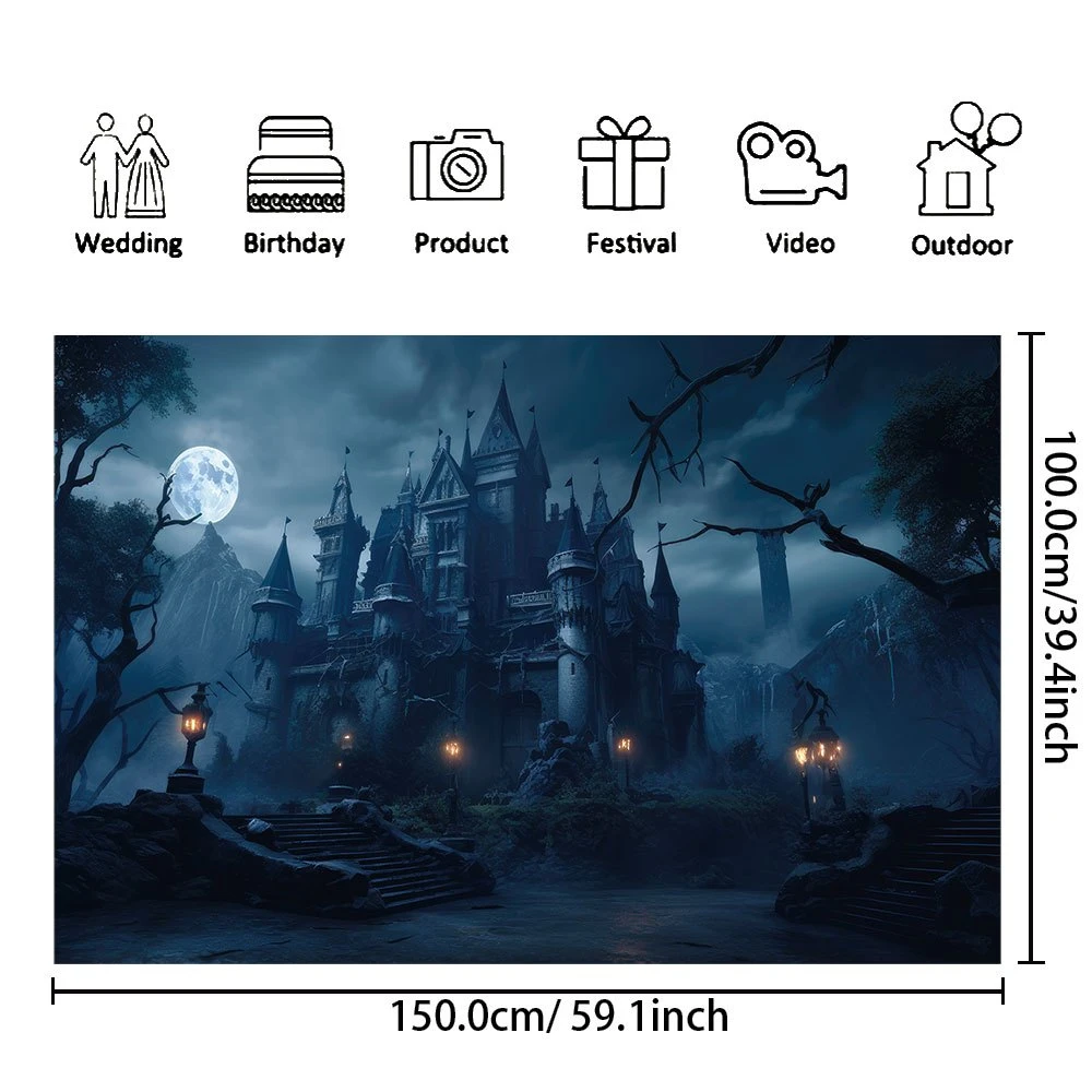 Halloween photography background banner, general purpose haunted castle night view, carnival themed multifunctional decoration