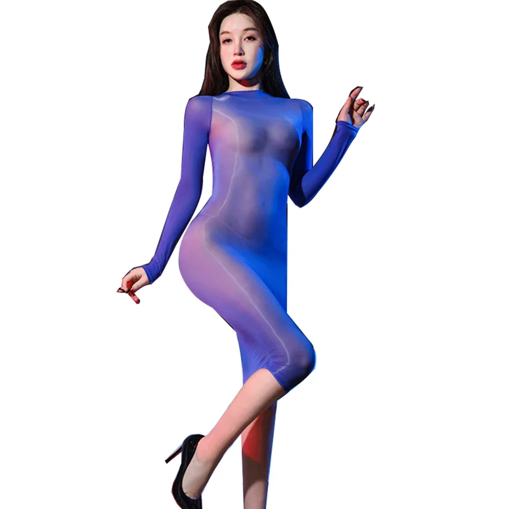 

Sexy Women Oil Shiny Seamless Underwear Hip-Covering Skirt Long-Sleeve See Through Tight Pencil Skirt Erotic Lingerie