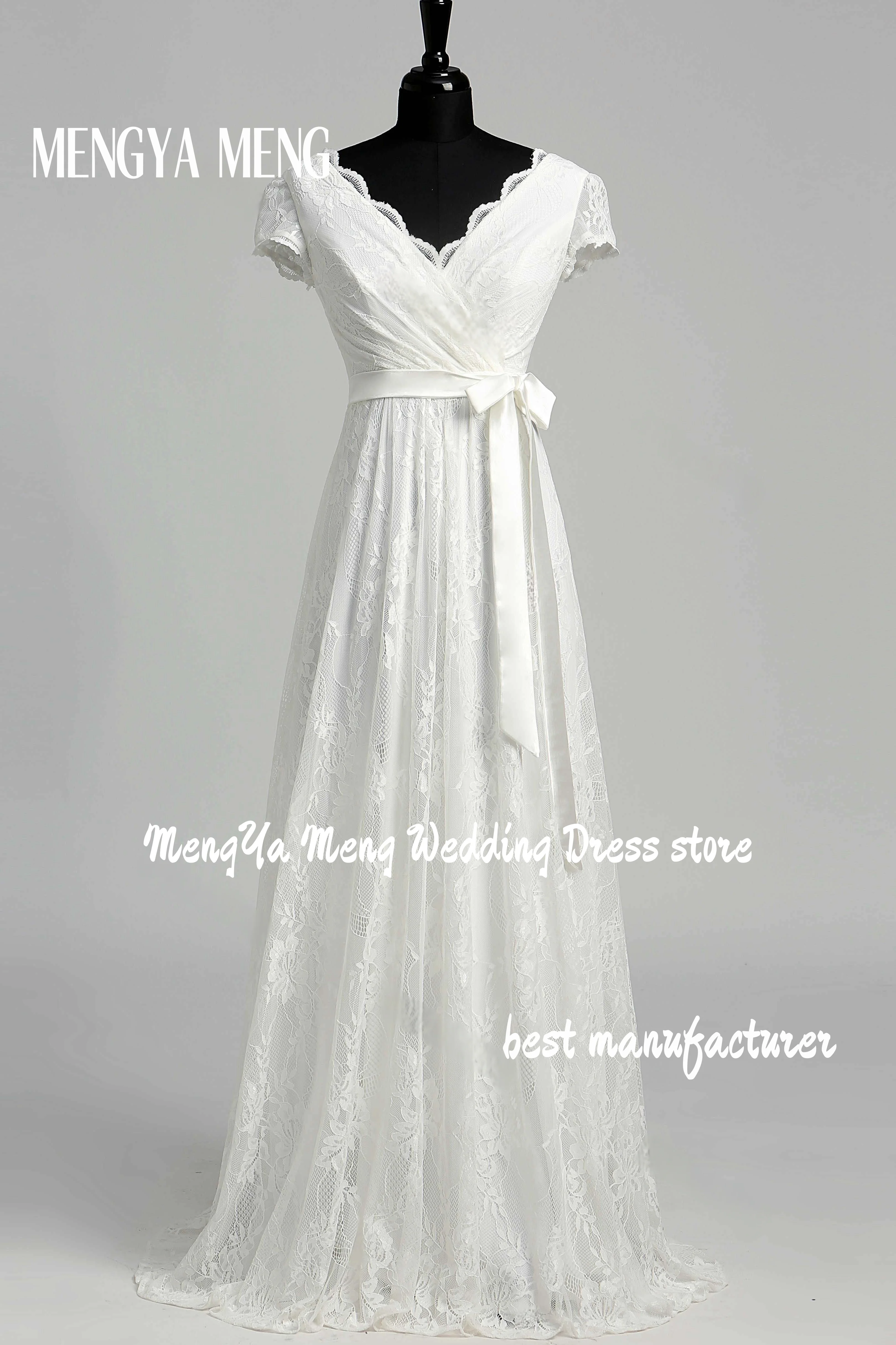 Customized Elegant Boho Wedding Dress V Neck Cap Sleeve Lace Beach Bridal Gown Backless Customized A-Line Bohemian Bride Dresses