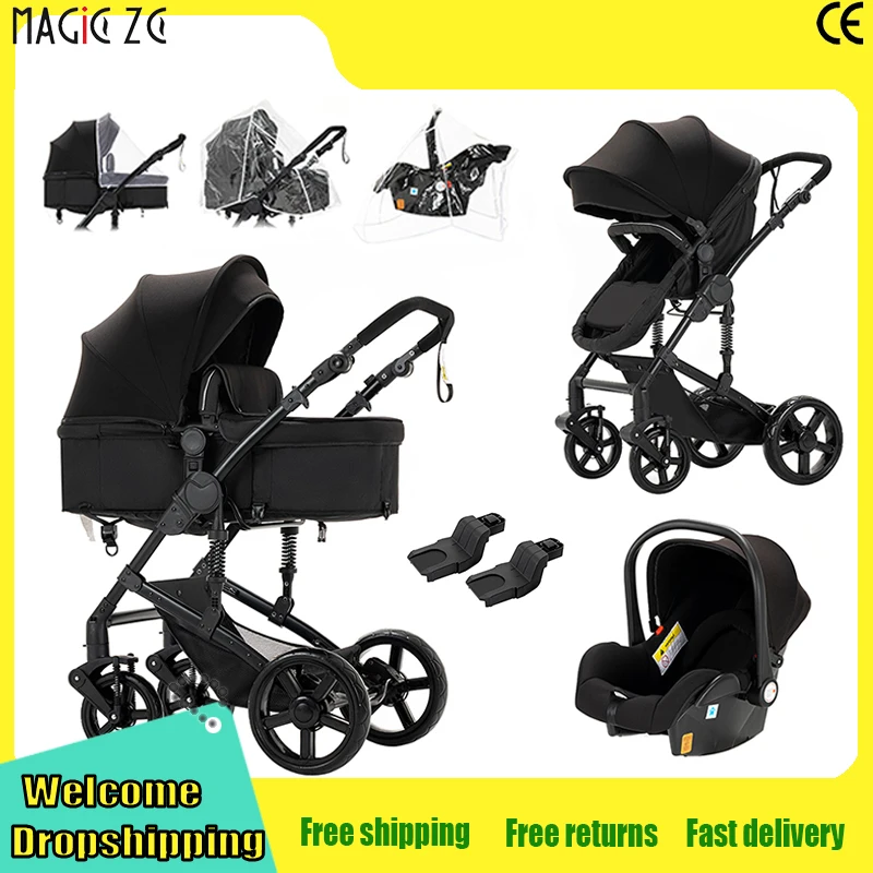 Poussette 3-en-1 avec siège auto, landau pour nouveau-né, poussette pour bébé assis et couché, système de voyage pliable à pousser dans les deux sens