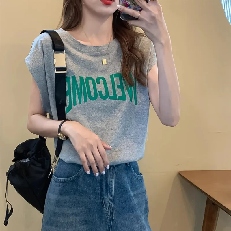 

Loose Casual Pure Cotton ort Sve Women's T-irt Korean Sle Summer Faion Outerwear Vest oulder Top round Ne