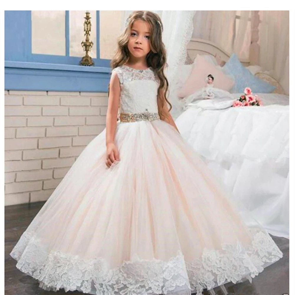 

Tulle Lace Sleeveless Bow Belt Flower Girl Dress Princess Ball Beauty Pageant First Communion Kids Surprise Birthday Present