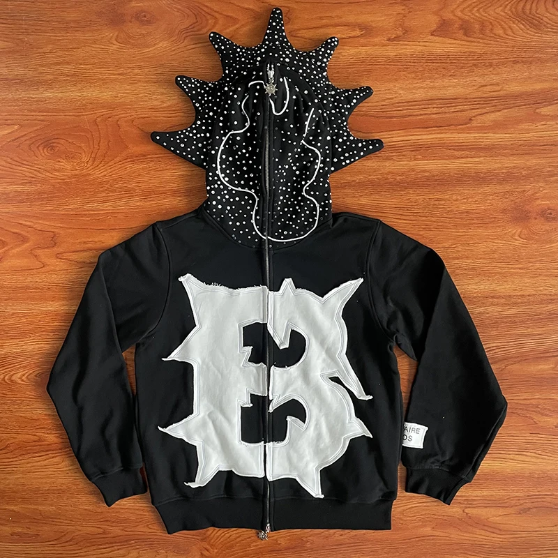 

Glo Gang BLUTO CROWN BODY BAG Embroidered Cartoon Rhinestone Zipper Hoodie Straight Leg Fit Youth Faion Spring Autumn