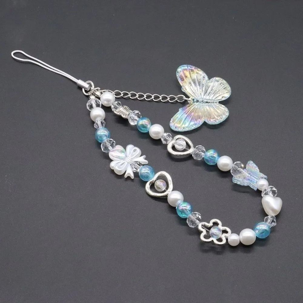 Ästhetischer Glänzender Perlen-Schlüsselanhänger Schillernder Holografischer Schmetterling Handy-Handgelenkriemen Vierfarbige Acryl-Lanyard-Kette Geschenk – Detail 3