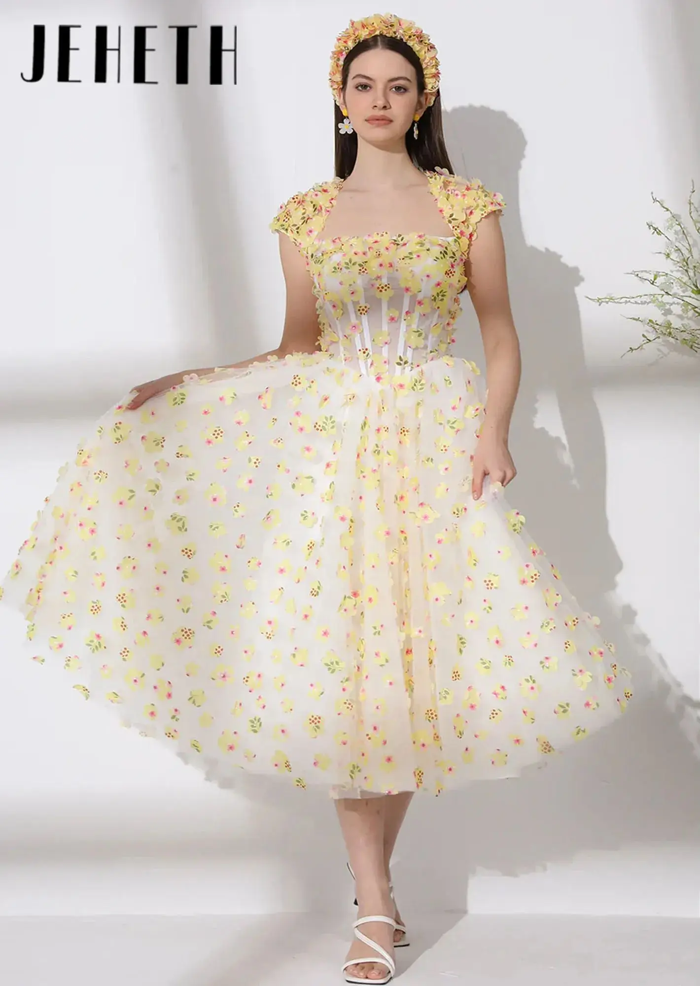 

Classic Yellow Strapless Cap Sleeve Applique Tea-Length Prom Dress Elegant A-Line Back Lace up Evening Dress Customized