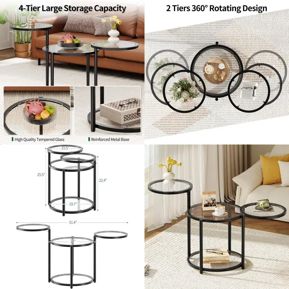 

Modern 4-Tier Rotating Glass Coffee Table with Storage, Metal Frame, Ideal for Small Spaces and Offices, Black