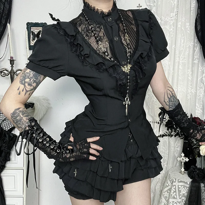Chic Kant Patchwork Vintage Gothic Shirt Vrouwen Y2k Zwart Korte Mouw Japanse Lolita Shirts Donkere Zoete Outfits Zomer Nieuw