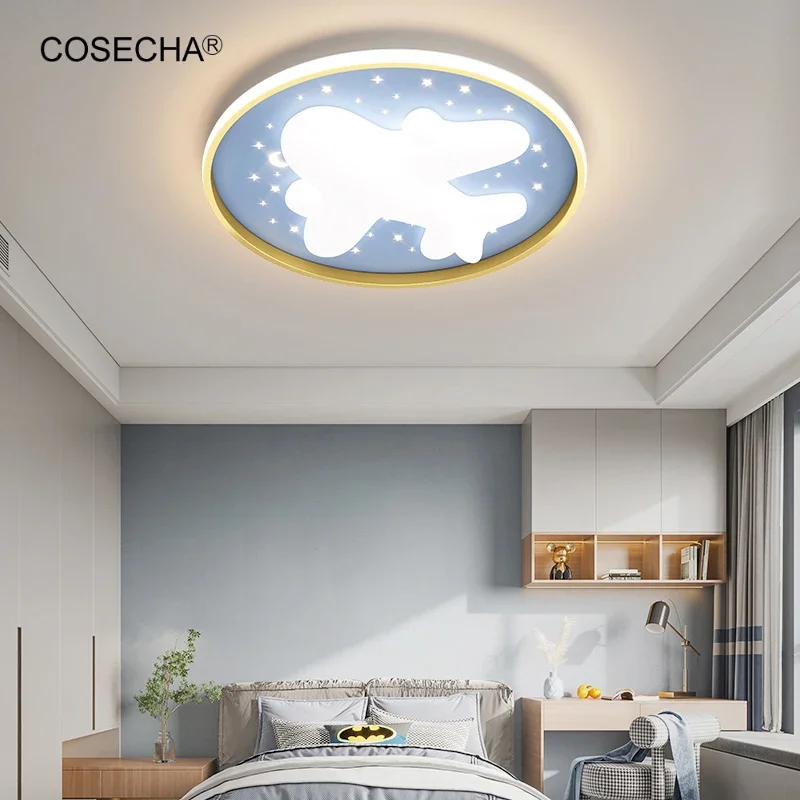 Modern Led Pink Ceiling Light For Children'S Room Blue Star Moon Ceiling Lamp Round In Kids'Room 40W Dimmable Airplane Art Deco