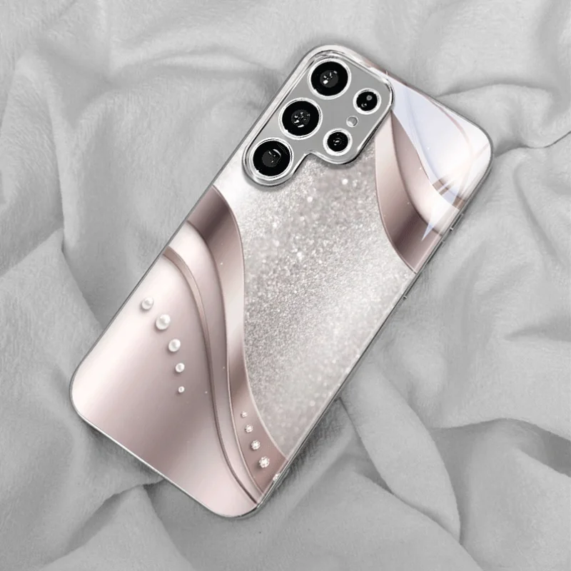 Pink curve pattern electroplated glass phone case, suitable for Samsung S26/S25/S24/S23/S22/S21/S20 and other models.