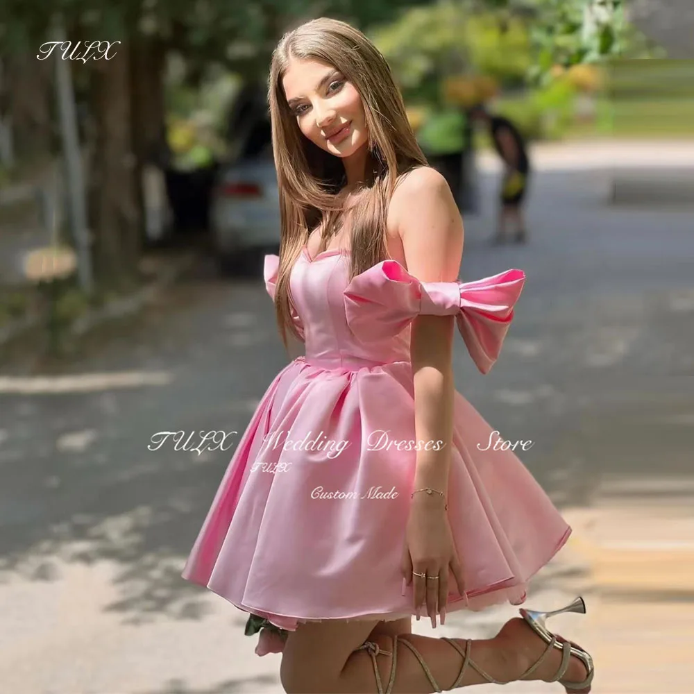 

TULX Cute Lovely Pink Short Party Prom Dresses Sweetheart Satin Bowknot Cupcake Cocktail Dress Birthday Evening Gowns Mini Sexy