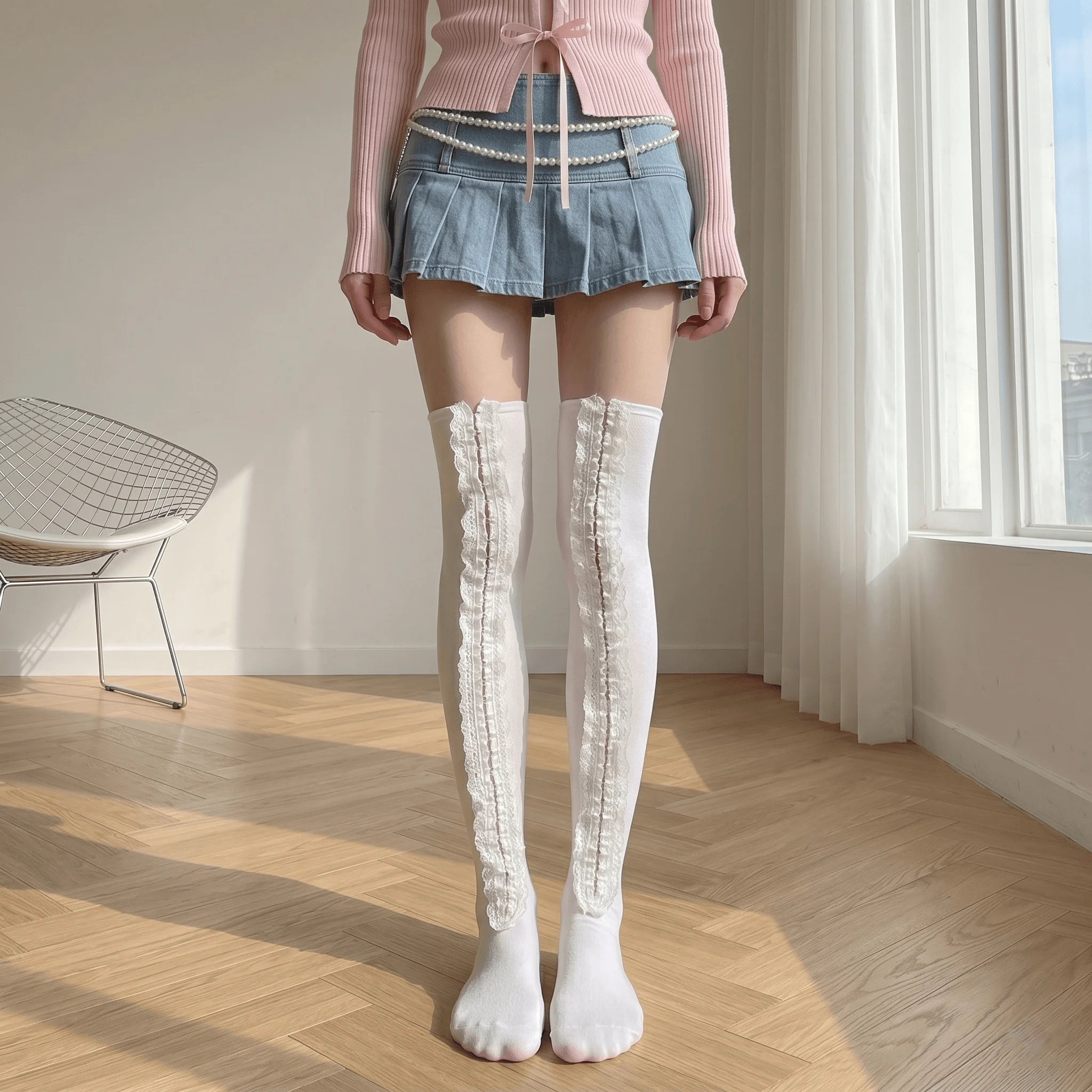 2026 Moon Girl White Hollow Lace Trim Thigh High Socks, Stylish Cutout Design Over Knee Long Hosiery For Women, Cute Girly Versatile Leg Stockings, Soft Breathable Fashion Long Socks With Delicate Hollow Lace Edge For
