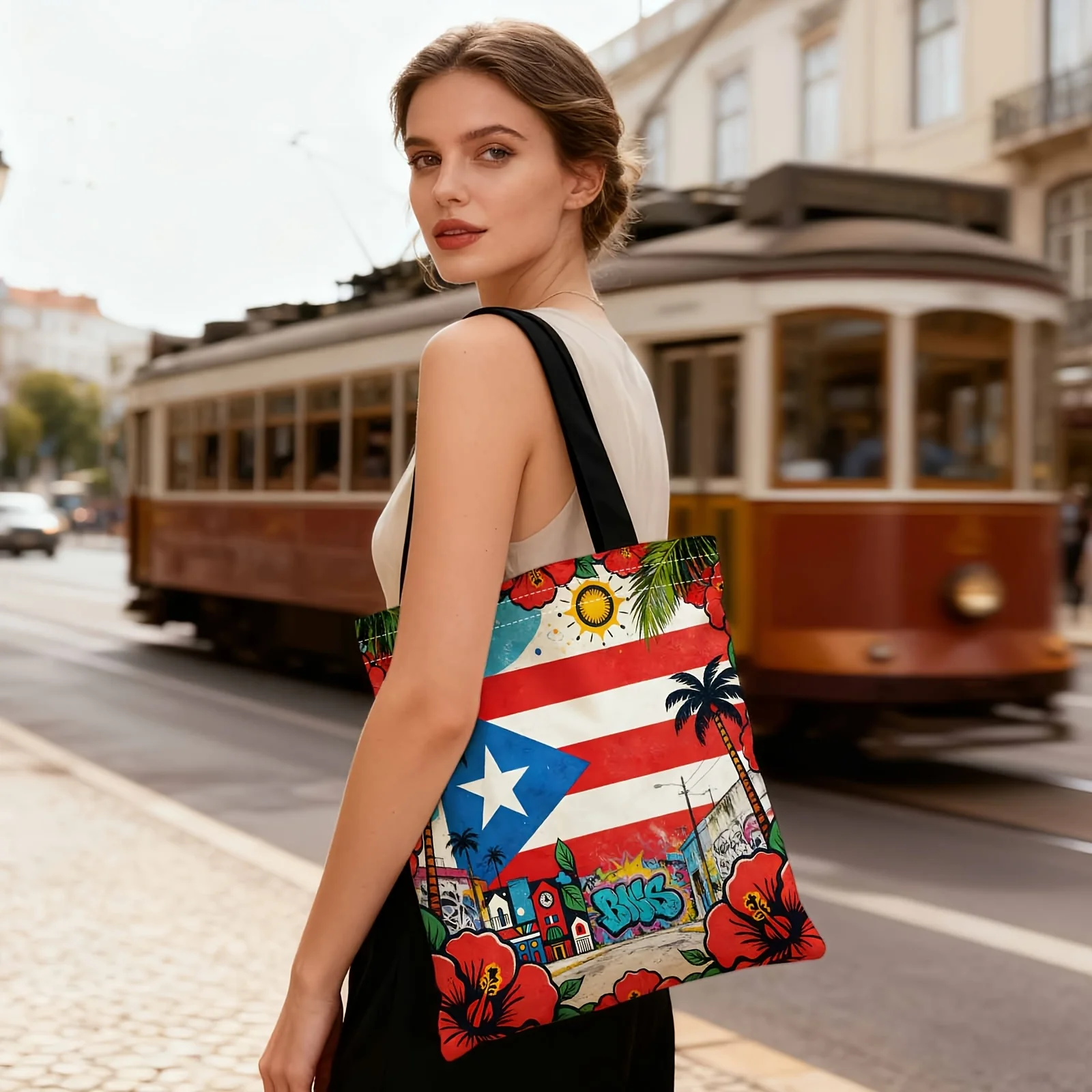 1pc Shopping Tote Bag Portable Shoulder Ba, Double-Sided Printed Design Puerto Rico Flag Red Flowers Graffiti Storage 35x40cm