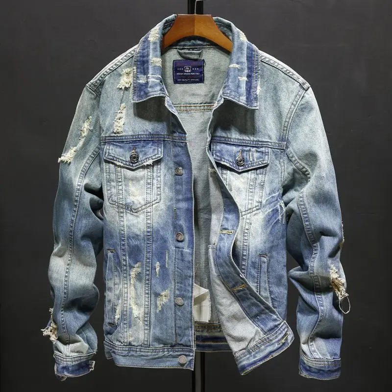 

Denim ripped jacket European and American street loose fitting clothes retro personalized jacket versatile light colored jacket