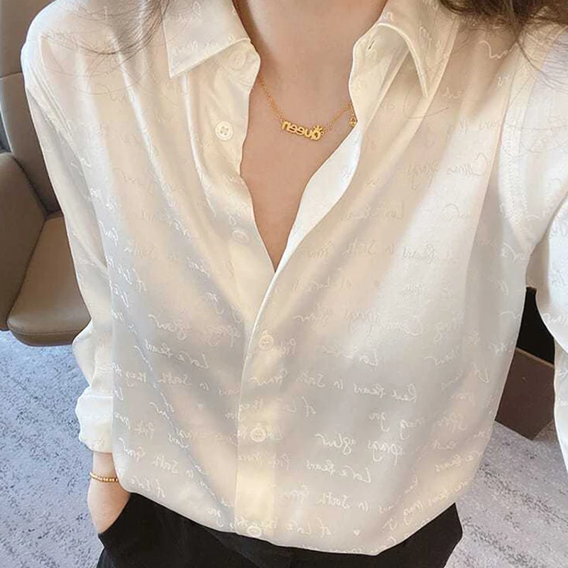 

Fashion Lapel Button Solid Color Letter SILK Shirts Women's Clothing 2025 Spring Summer New Loose Office Lady Tops Chic Blouses