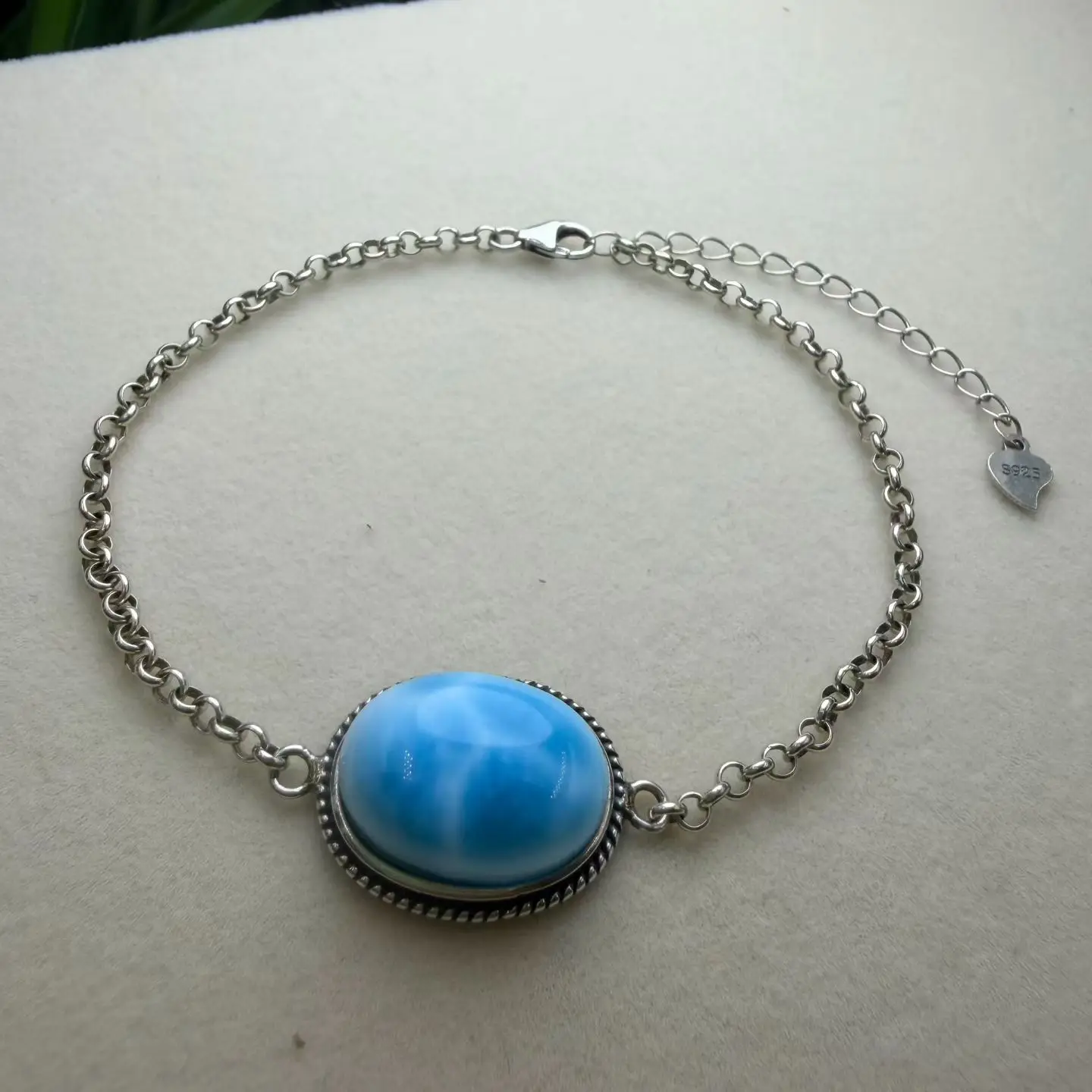 1Pc Fengbaowu Natural Dominican Republic Larimar Oval Cabochon Bracelet 12x16MM 925 Sterling Silver Reiki Healing Stone Gift