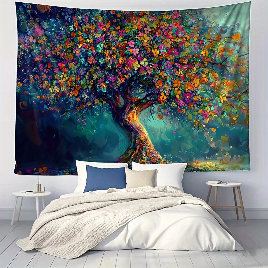 Bohemian Colorful Tree Mural Tapestry Polyester Wall Hanging Art Decor for Living Room Bedroom Apartment Modern Nature Style