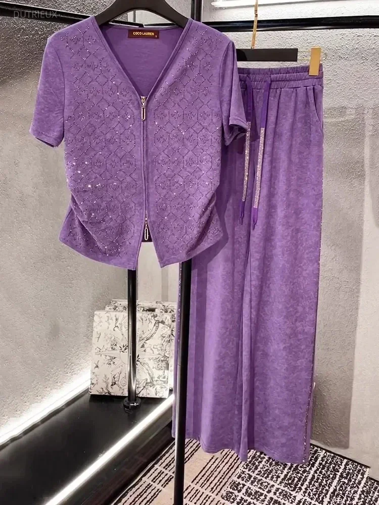 2 Piece Sets Korean Women Clothing Short Sleeve Zipper V-neck Tshirts High Waist Straight Wide Leg Pants Outfits Summer Suit