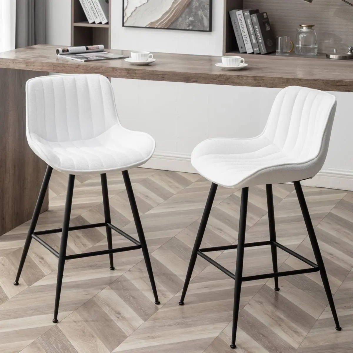 24’’ Bar Stools Set of 2 Modern Barstools White Bar with Fabric Upholstery Counter Height Bar with Low Back