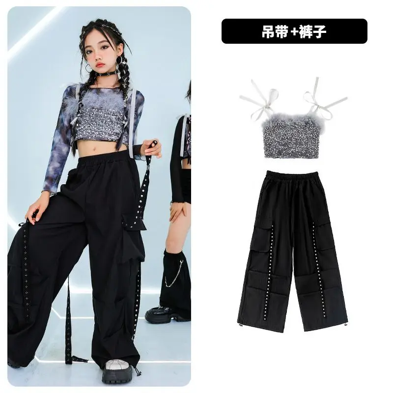 الهيب هوب شارع الرقص الجاز الملابس مجموعات التعادل صبغ شبكة قمم مشرقة سترة كاجرو السراويل الشارع الشهير الطفل الاطفال وتتسابق #6