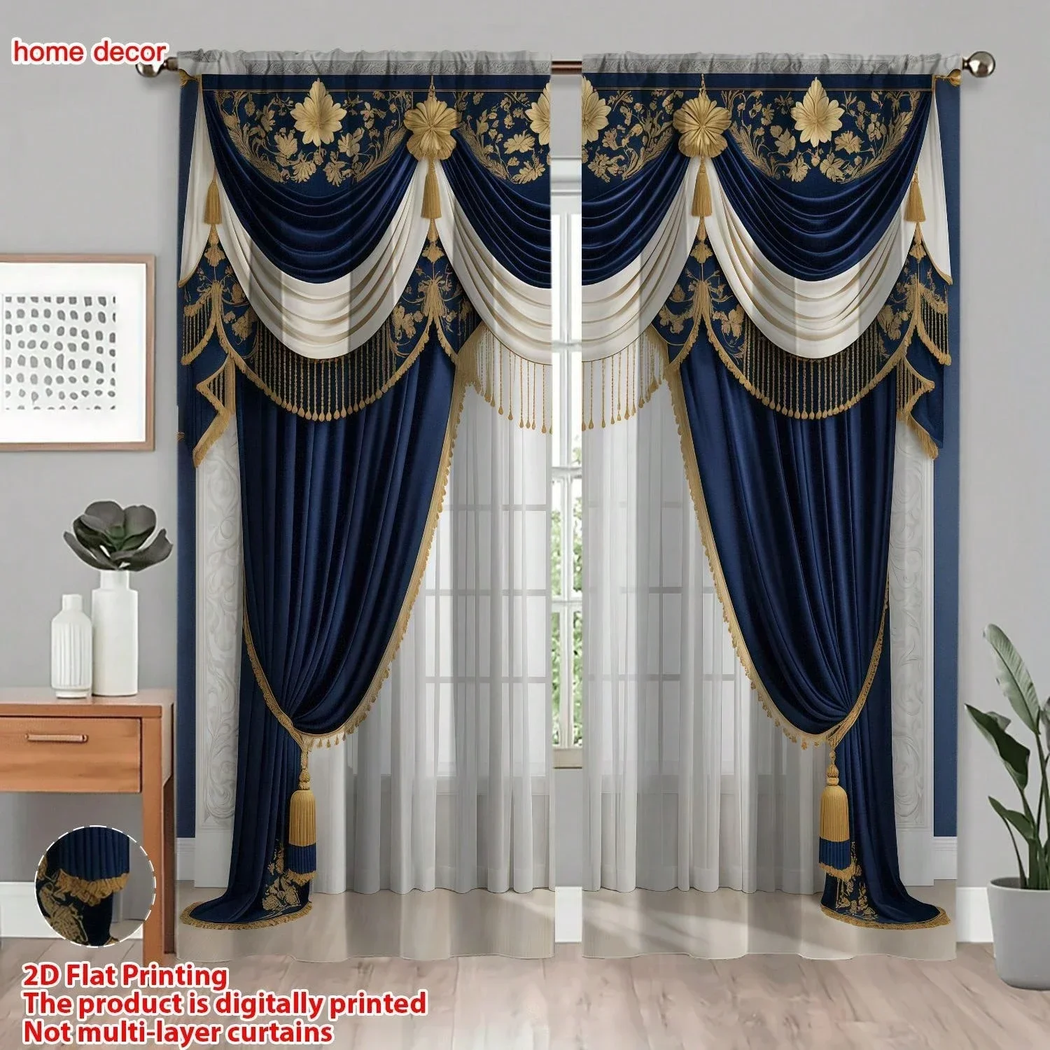 2pcs Luxury Style Semi-Sheer Polyester Fabric Curtains with Gold Tassel Decor Navy Blue Satin Exquisite Carving for Rich Drape