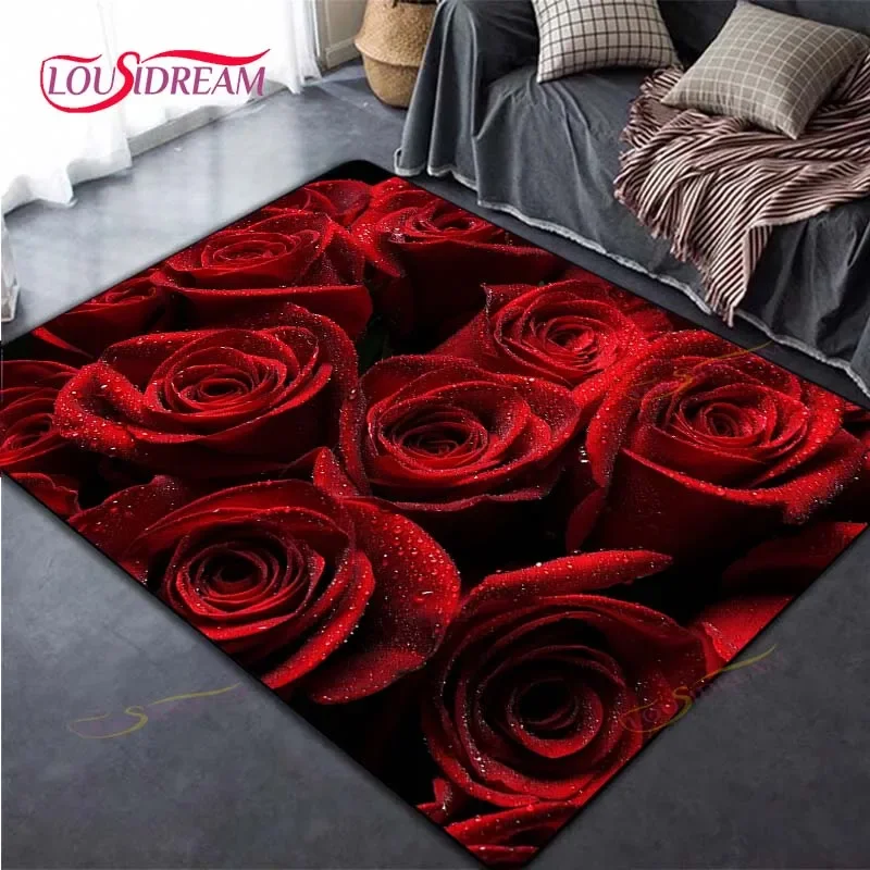 

Exquisite Rose Printed Carpets Living Room Anti-Skid Area Rug Mother's Bedroom Mats Photography Props Valentine's Day Gift