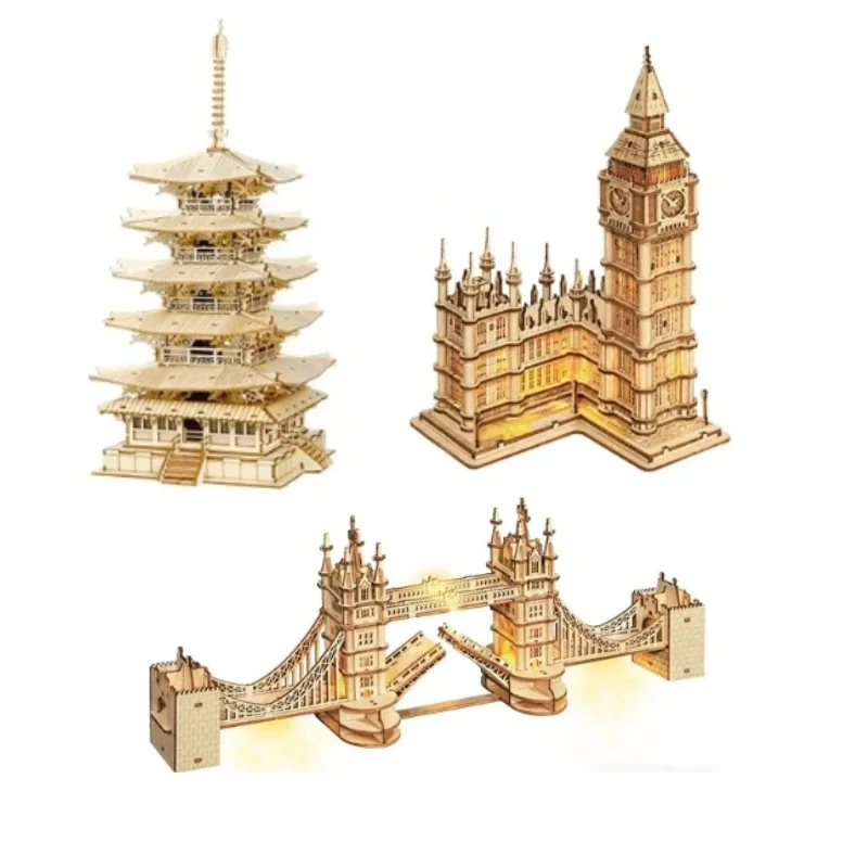 Robotime 3D Wooden Puzzle DIY Construction Model Kit with LED Light Big Ben Set ower Bridge Construction Model For Children Kids