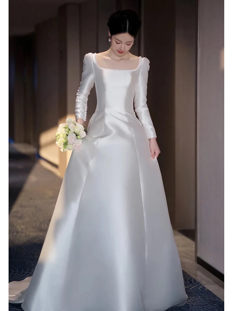 

Элегантное атласное свадебное платье с длинными рукавами, белое, в винтажном стиле, для церемонии/приема гостей