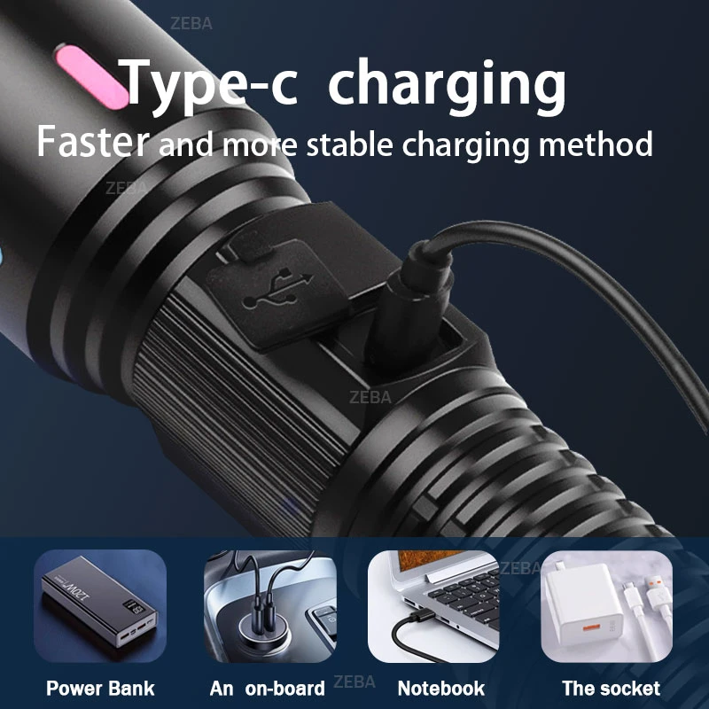 2025 Ultra Powerful 10000000LM LED Flashlight Flashlight Fluorescent Long Range 3500M Zoom Torch Rechargeable High Power Lamp