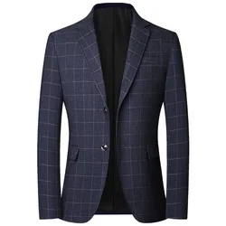 Men Blue Plaid Blazers Jackets Business Formal Wear Suits Jackets Coats New Spring Autumn Male Casual Slim Fit Blazers Size 4XL