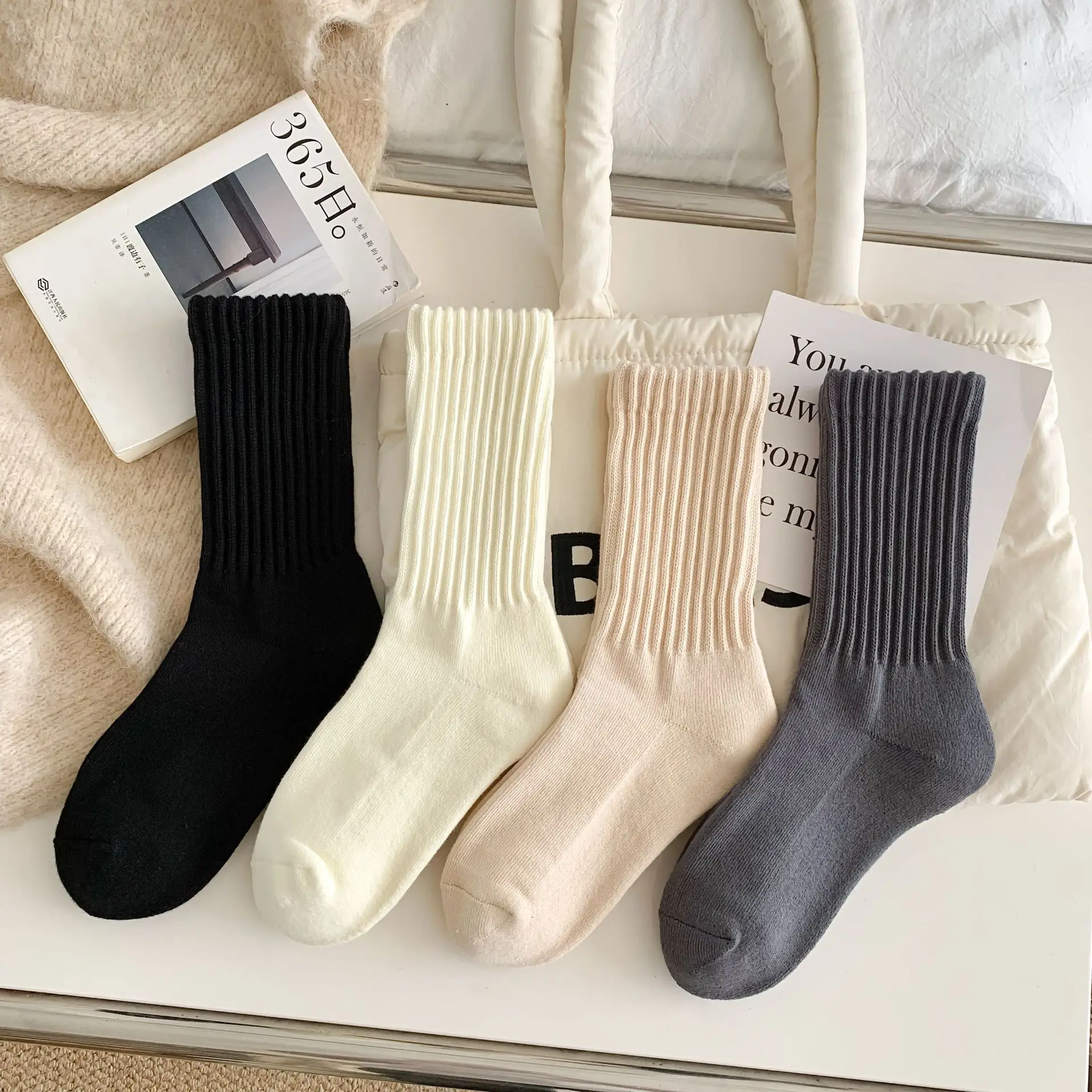 Autumn and Winter New Women's Socks Solid Color High Ribbed Combed Cotton Thick Wool Circle Simple Cream Color Women's Socks