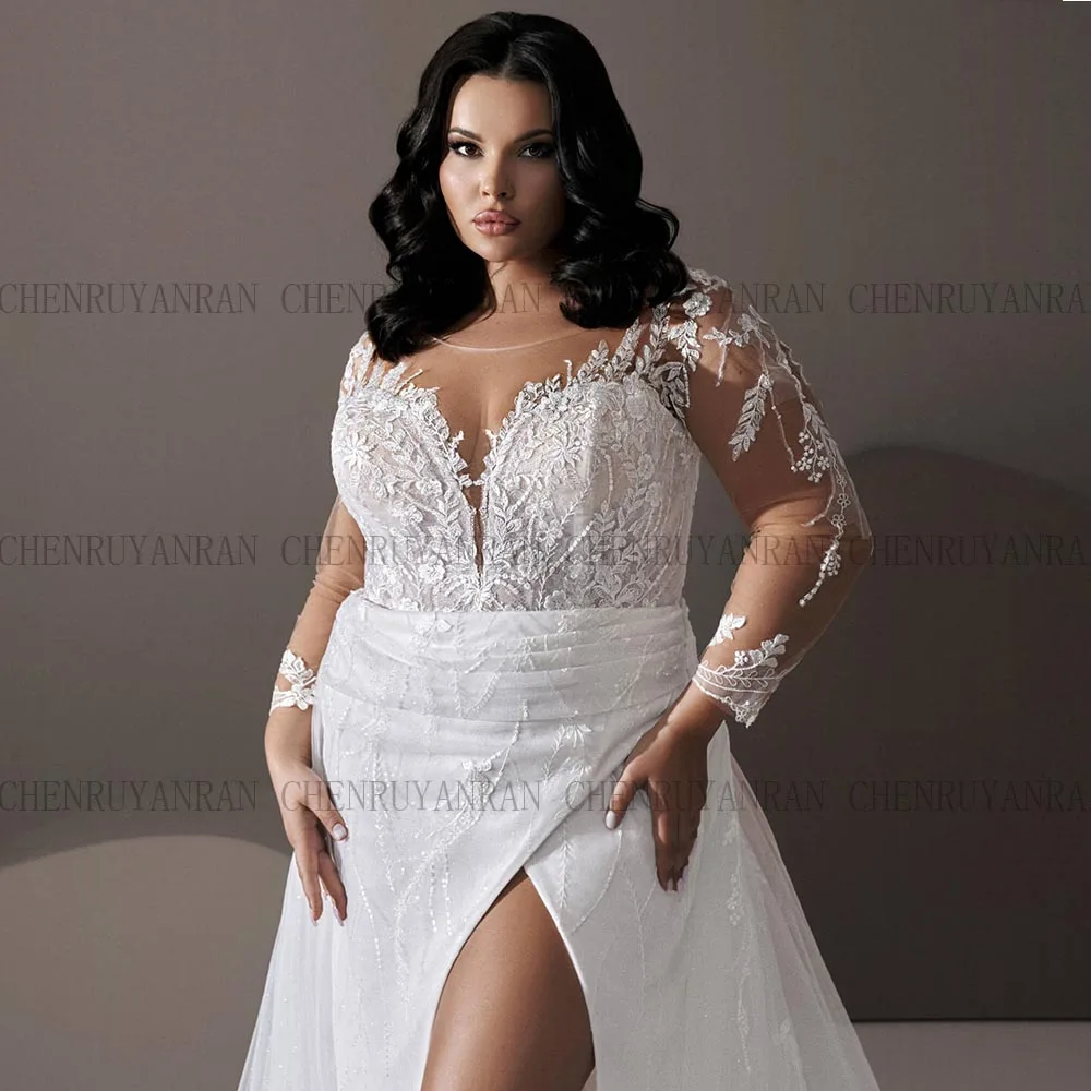 Plus Size Wedding Dresses For Bride Long Sleeve Lace Appliques V-neck Tulle A-Line Bridal Gowns with Train Bridal dress Customiz