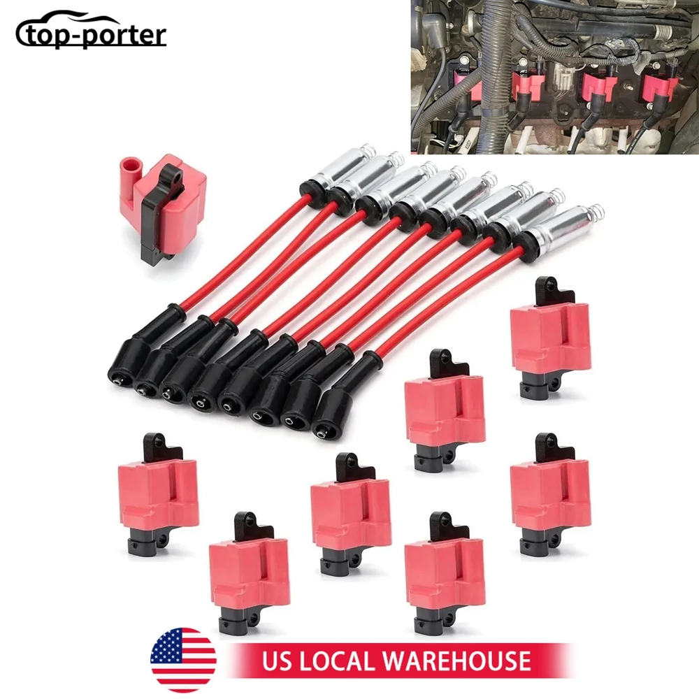 

12556893 12558693 D581 UF271 12570553 38590 8x Red Square Ignition Coil & Spark Plug Wire For Chevy GMC 4.8L 5.3L 6.0L 8.1L