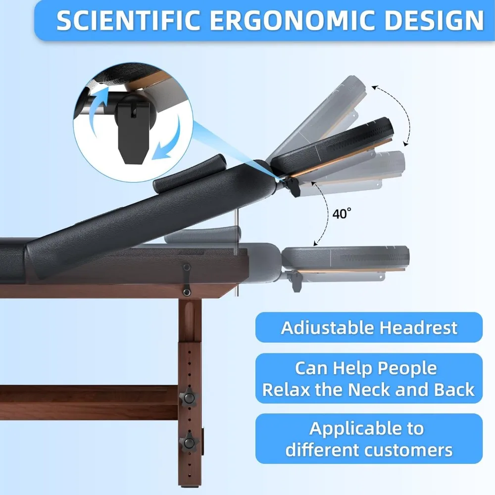 طاولة تدليك واسعة قابلة للتعديل مقاس 31 بوصة مع مسند ظهر لعلاجات السبا الاحترافية، جلد أسود، تدعم ما يصل إلى 1500 رطل #5