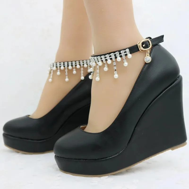 11cm White Round Head Wedges Platform Shoes Women Tassel Flowing High Heel Shoes Plus Size for Wedding Party Chaussure Femme