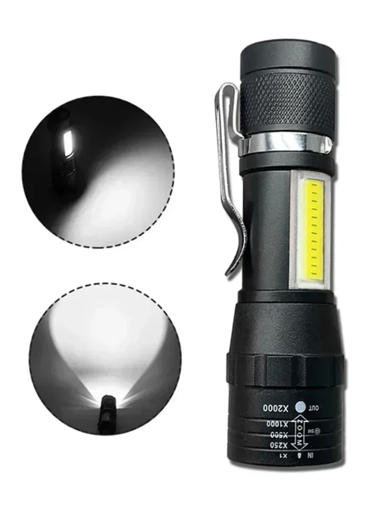 Tragbare wiederaufladbare LED-Taschenlampe mit Stiftclip, zoombare wasserdichte Taschenlampe mit Seitenlicht, Outdoor-Camping-Notfalllaterne
