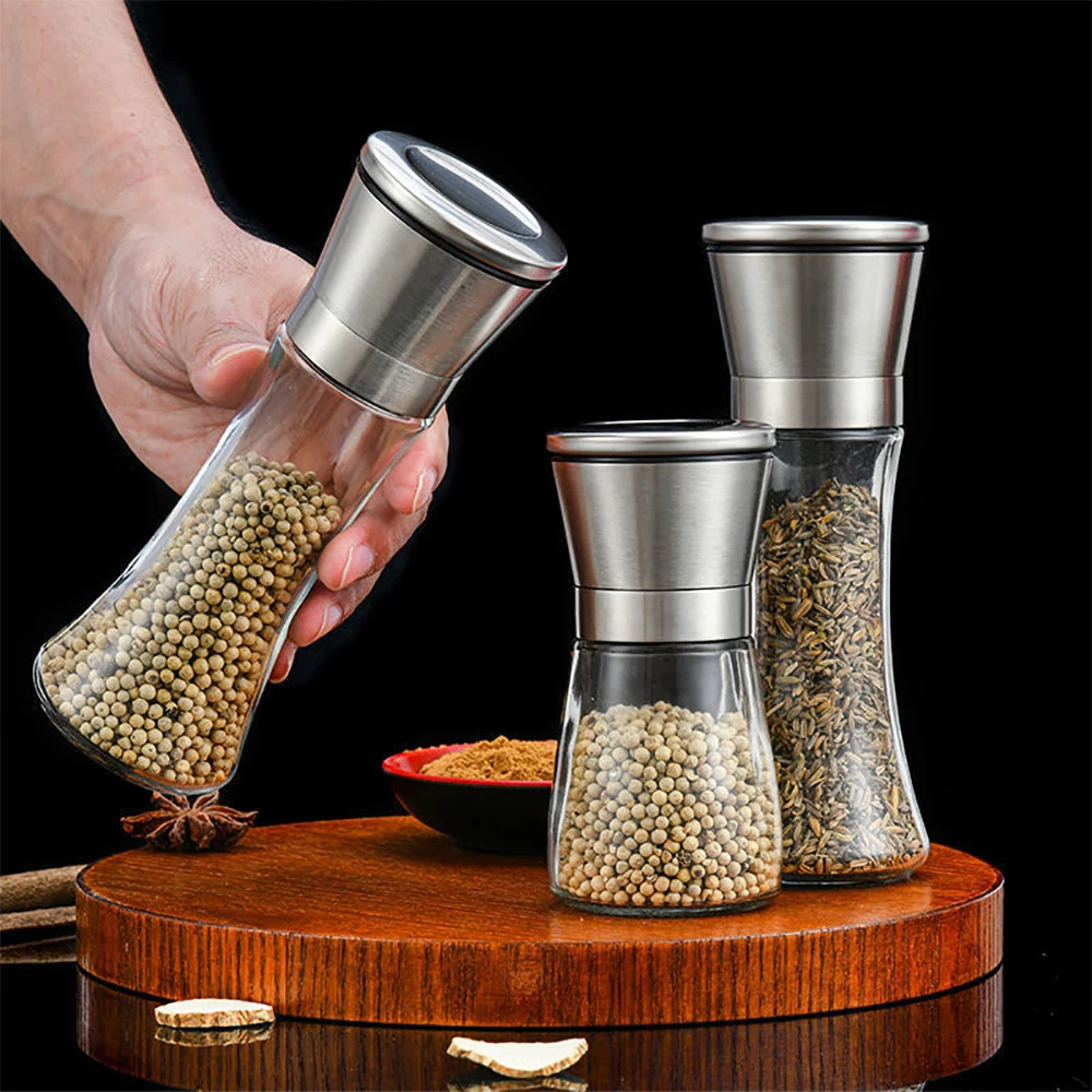 Stainless Steel Adjustable Manual Salt Grinder Pepper Grinder Ceramic Core Hand Tools Kitchen Small Tools Spice Glass Bottles