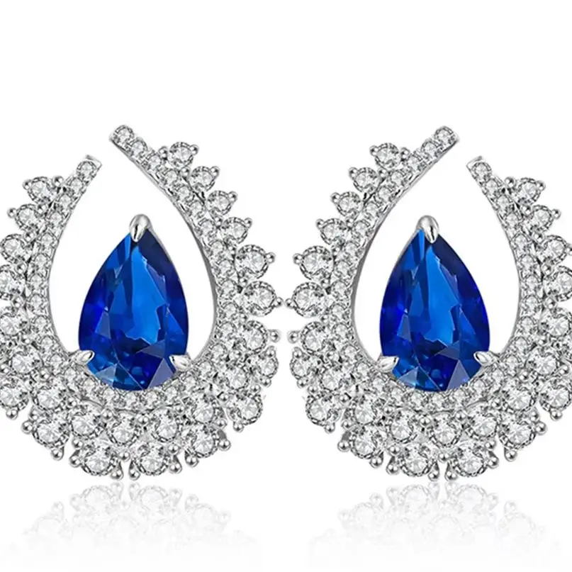 ShanLover Brand Deep Blue Teardrop Earrings Sapphire Stud Earrings For Lab Grown Gemstones Women S925 Silver Earrings