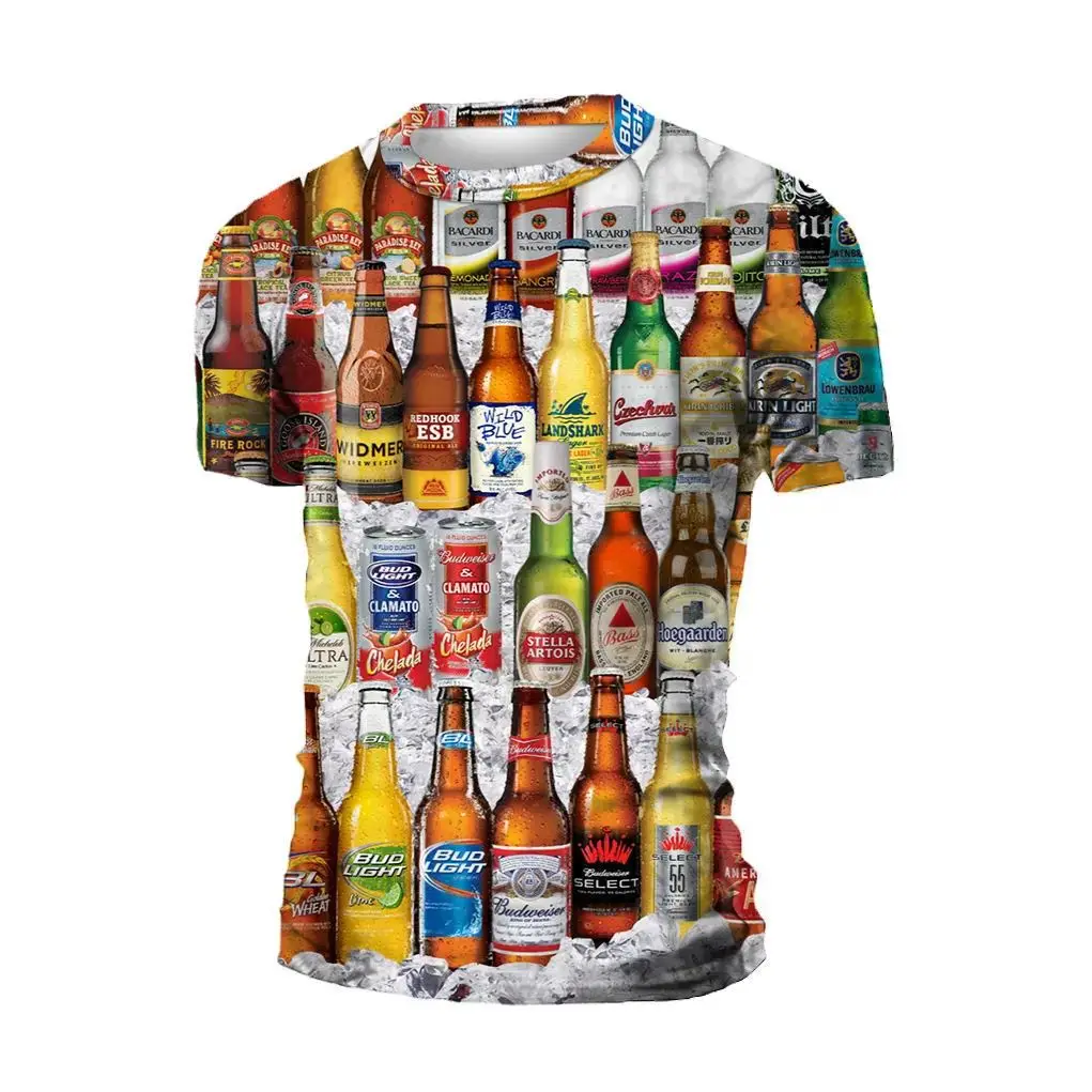 Summer Men Fashion Creative Beer 3d Printed T-Shirt Casual Street Personality Breathable Plus Size Round Neck Short Sleeve